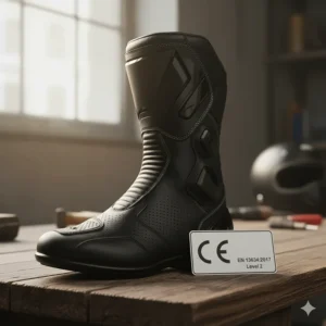 A motorcycle street boot next to a label displaying its CE safety certification, highlighting its protective standards.