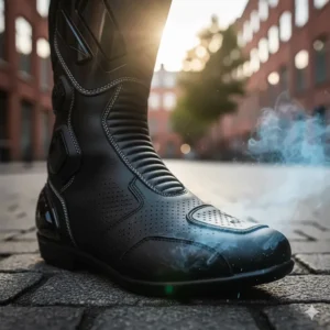 An image showing the perforated panels on a pair of motorcycle street boots, designed for airflow and breathability.