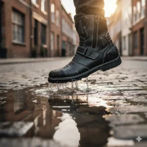A person's foot in a waterproof motorcycle street boot is submerged in a puddle, demonstrating its water resistance.