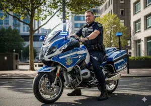 Police officer wearing the motorcycle boots while mounted on a patrol bike.