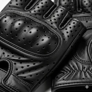 Detail of perforated leather fingerless gloves showing the ventilation holes for airflow.