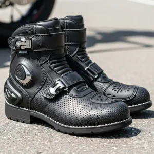 Close-up of perforated leather short motorcycle boots, showcasing the ventilation and breathability designed for comfort in warm weather.