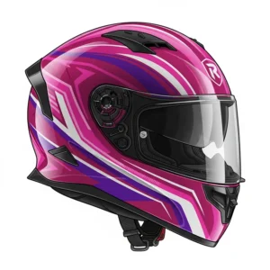 A vibrant pink and purple graphic ladies full face motorcycle helmet on a white background.