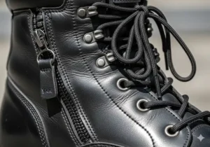 Durable YKK side zipper and lace closure system on the police boots for quick donning.