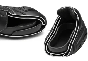 Detail of the hidden armor and protective inserts in the toe and heel area of reliable women's riding shoes.