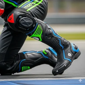 Professional motorcycle racer wearing high-performance, tall motorcycle boots with vibrant accents, designed for maximum protection on the track.