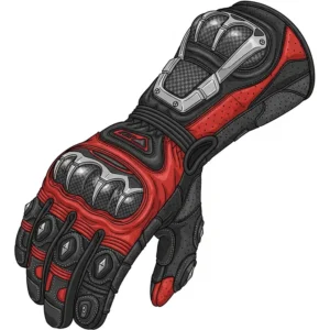 An illustration focusing on the hard knuckle armor and gauntlet style of racing motorcycle gloves, which provide maximum protection in a crash.