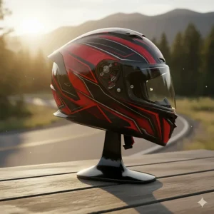 A vibrant red and black graphic full face motorcycle helmet displayed on a stand.