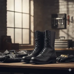 A sleek pair of black Red Wing motorcycle boots styled for riding.