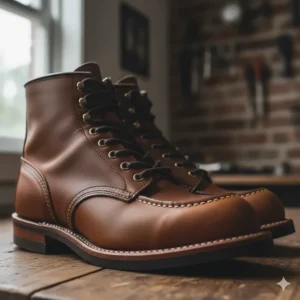 Detail shot of the sturdy lacing hardware on Red Wing motorcycle boots.