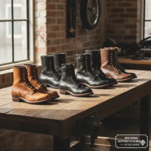 A collection of different styles of Red Wing motorcycle boots available.