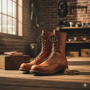 The classic Red Wing Harvester motorcycle boot in amber harness leather.