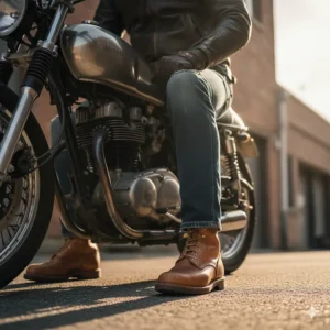 An image of a rider wearing Red Wing motorcycle boots while on a bike.