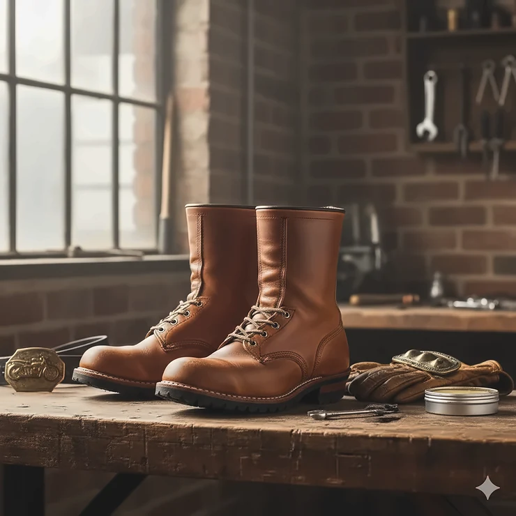 A close-up of a pair of Red Wing motorcycle boots showing the quality leather and construction.