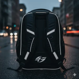 Detail of the reflective piping and logos on the back of the motorcycle helmet backpack, enhancing nighttime visibility for safety.