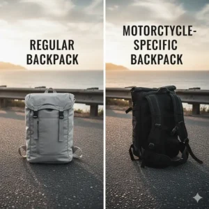A comparison shot of a regular backpack vs. a motorcycle-specific one.