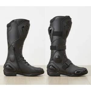 A side-by-side comparison of a standard motorcycle boot and one designed for wide calves.