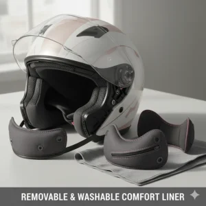 Detail of the removable and washable cheek pads and comfort liner inside a full face motorcycle helmet for women.