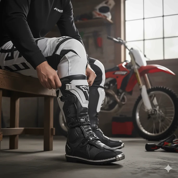 A rider sitting down and putting on their dirt boots, showing the height and overall fit of the boot on their leg. This image highlights the process of gearing up and the boots' full-calf coverage.