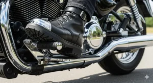 A motorcycle rider wearing black steel toe boots while operating a cruiser, showing a secure and protective fit.
