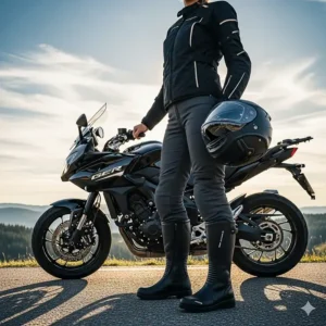 A rider confidently standing next to their motorcycle, showcasing how the tall motorcycle boots provide full leg protection and complement the rest of their riding gear.