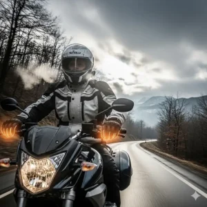 A motorcyclist riding on a cold day, comfortably wearing heated gloves to protect their hands.