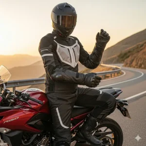 Full-body image of a motorcyclist in full gear, showcasing how the gauntlet gloves extend over the jacket sleeve for maximum wrist and forearm protection.