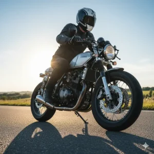 A rider on a motorcycle wearing white motorcycle boots that complement their gear.