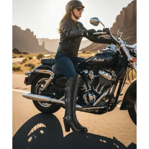 A motorcyclist wearing motorcycle knee boots with heels, riding a classic cruiser bike.