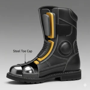 Diagram illustrating the internal steel toe cap and ankle protection found in premium riding boots.