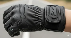 A side view of a short-cuff style of leather motorcycle gloves, showing how they fit snugly around the wrist.