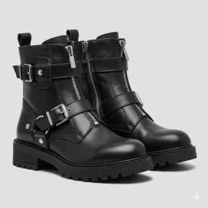 Close-up of short leather ladies biker boots with ankle protection and easy-access zippers.