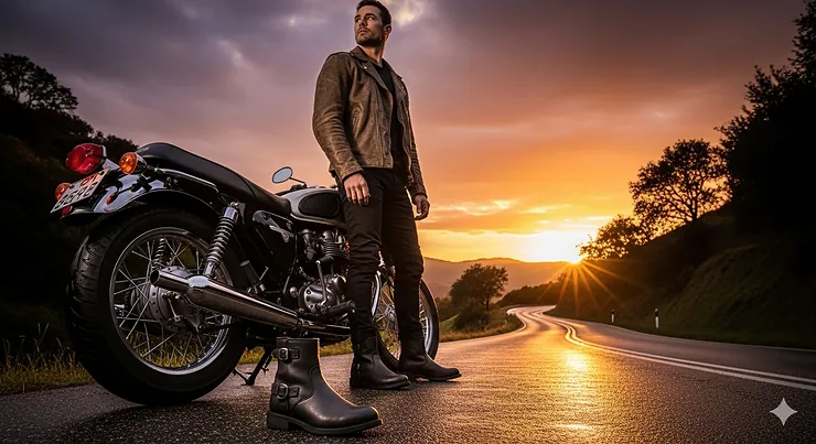 A close-up shot of a rider wearing black short motorcycle boots with reinforced toe and ankle protection, showing the sleek design and a stylish urban aesthetic.