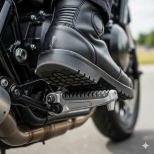 A rider’s foot in a short motorcycle boot resting on a motorcycle's footpeg, demonstrating the grip and flexibility of the sole.