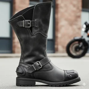 Side profile of a women's motorcycle boot for wide calves, highlighting the spacious boot opening.