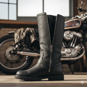 A side profile of a women's leather motorcycle boot, showing the heavy-duty zipper and reinforced ankle support for safety and easy wear.