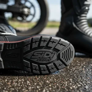 Detailed shot of the oil and slip-resistant rubber sole on Sidi motorcycle boots for excellent grip.