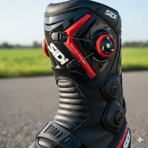 Close-up view of the advanced ankle and shin protection system on the latest Sidi motorcycle boots.