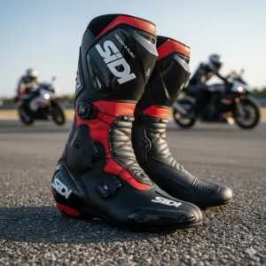 Sleek profile of the Sidi Mag-1 racing motorcycle boots, highlighting their technical closures and aerodynamic design.