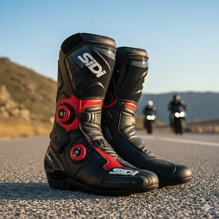High-resolution image of a pair of Sidi motorcycle boots displaying their distinct design and protective features.