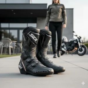 A pair of Sidi motorcycle boots specifically designed with a women's fit for optimal comfort and security.