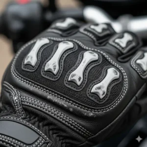 A close-up of the reinforced knuckle area on skeleton motorcycle gloves, highlighting the protective padding and durable material.
