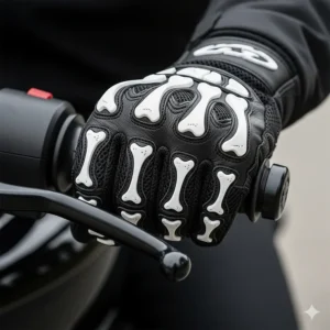A rider's hand wearing skeleton motorcycle gloves, showing how the gloves fit snugly and conform to the hand's shape.