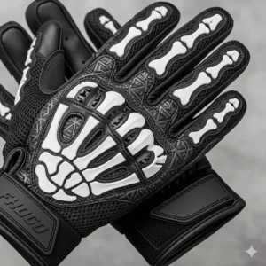The palm side of a pair of skeleton motorcycle gloves, featuring anti-slip material for enhanced grip and control.