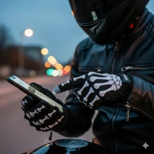 A rider using a smartphone while wearing skeleton motorcycle gloves that have a conductive fingertip for touchscreen compatibility.