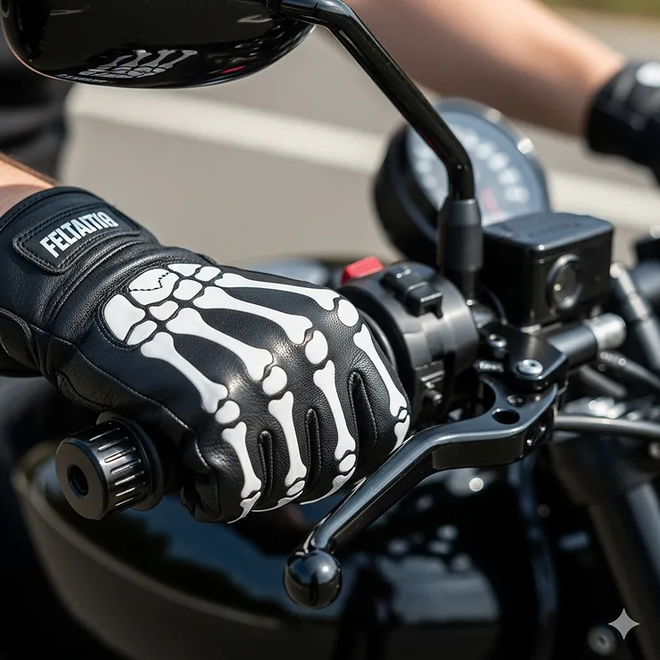 A close-up shot of a rider's hands gripping a motorcycle handlebar, wearing stylish skeleton motorcycle gloves with a white skeletal design on a black background.