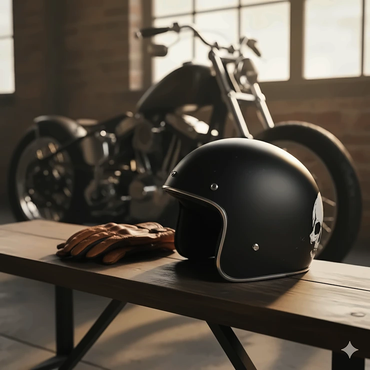 A matte black skull cap half helmet with a minimalist, streamlined design popular among chopper enthusiasts.