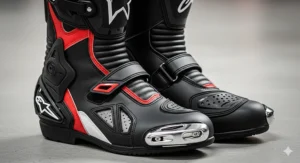 High-performance racing motorcycle boots with ankle protection and toe sliders for track-day safety.