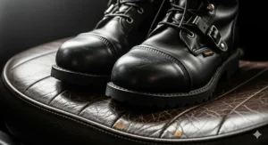 A close-up shot of a pair of steel toe motorcycle boots resting on a leather seat, highlighting the durable construction and safety features.