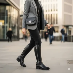 A woman walking in stylish women's riding boots that blend safety features with street fashion appeal.